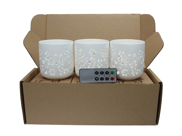 36 Candles - Ceramic Votive LED Candles with Remote: Set of 3 Flower Pattern, Pack of 12 sets (Total 36 Candles)