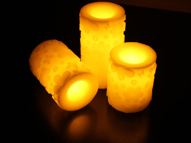 Flameless Candles; White Wax with Flower Pattern Candles, 4-inch, 5-inch, and 6-inch Candles Set of 3 - Pack of 3, Total 9 Candles