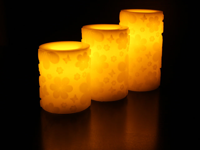 Flameless Candles; White Wax with Flower Pattern Candles, 4-inch, 5-inch, and 6-inch Candles Set of 3 - Pack of 3, Total 9 Candles