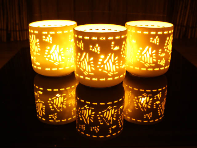 Ceramic Votive LED Candles with Remote: Set of 3 Aqua Fish Pattern, Pack of 3 sets (9 units total)