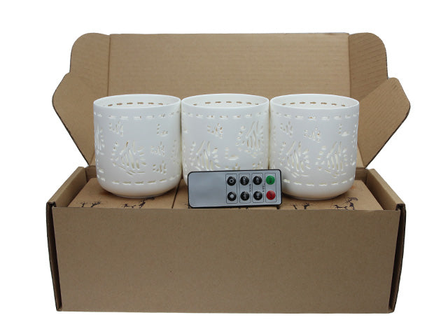 Ceramic Votive LED Candles with Remote: Set of 3 Aqua Fish Pattern, Pack of 3 sets (9 units total)