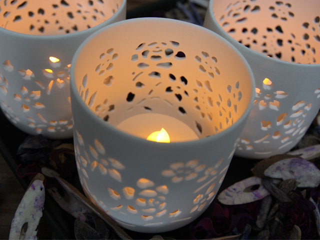 Ceramic Votive LED Candles with Remote: Set of 3 Flower Pattern, Pack of 3 sets (9 units total)