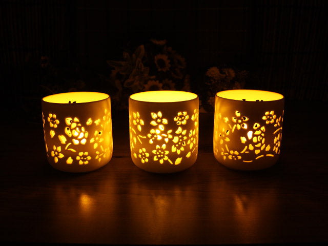 Ceramic Votive LED Candles with Remote: Set of 3 Flower Pattern, Pack of 3 sets (9 units total)