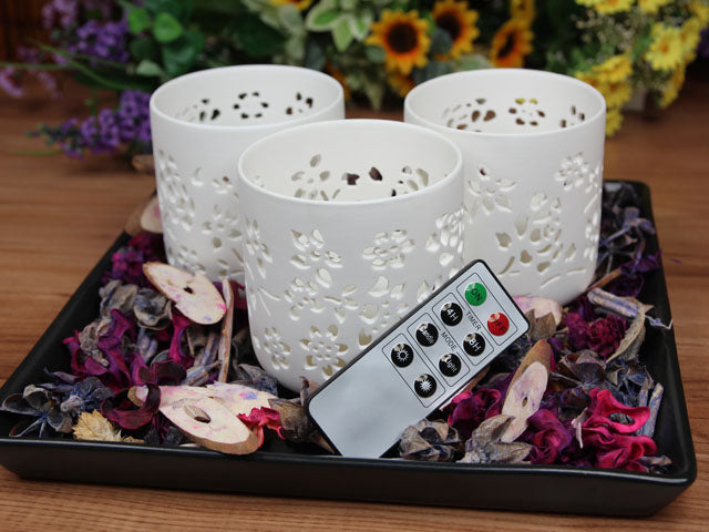 Ceramic Votive LED Candles with Remote: Set of 3 Flower Pattern, Pack of 3 sets (9 units total)