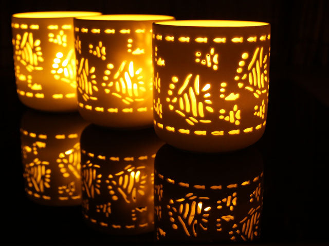 Ceramic Votive LED Candles with Remote: Set of 3 Aqua Fish Pattern, Pack of 3 sets (9 units total)