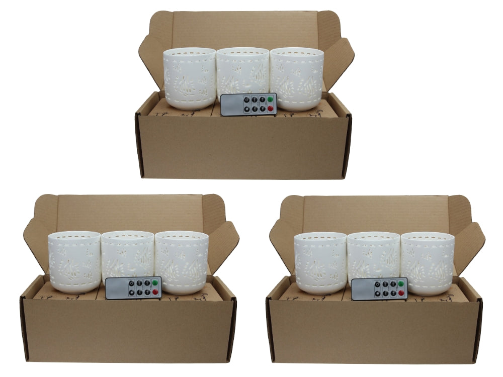 Ceramic Votive LED Candles with Remote: Set of 3 Aqua Fish Pattern, Pack of 3 sets (9 units total)