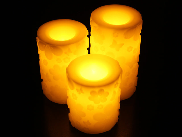 Flameless Candles; White Wax with Flower Pattern Candles, 4-inch, 5-inch, and 6-inch Candles Set of 3 - Pack of 3, Total 9 Candles