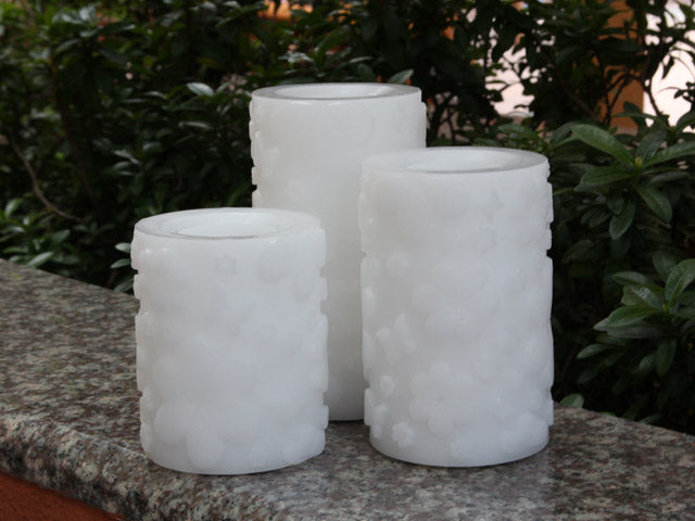 Flameless Candles; White Wax with Flower Pattern Candles, 4-inch, 5-inch, and 6-inch Candles Set of 3 - Pack of 3, Total 9 Candles