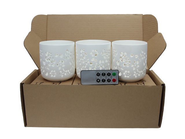 Ceramic Votive LED Candles with Remote: Set of 3 Flower Pattern, Pack of 3 sets (9 units total)